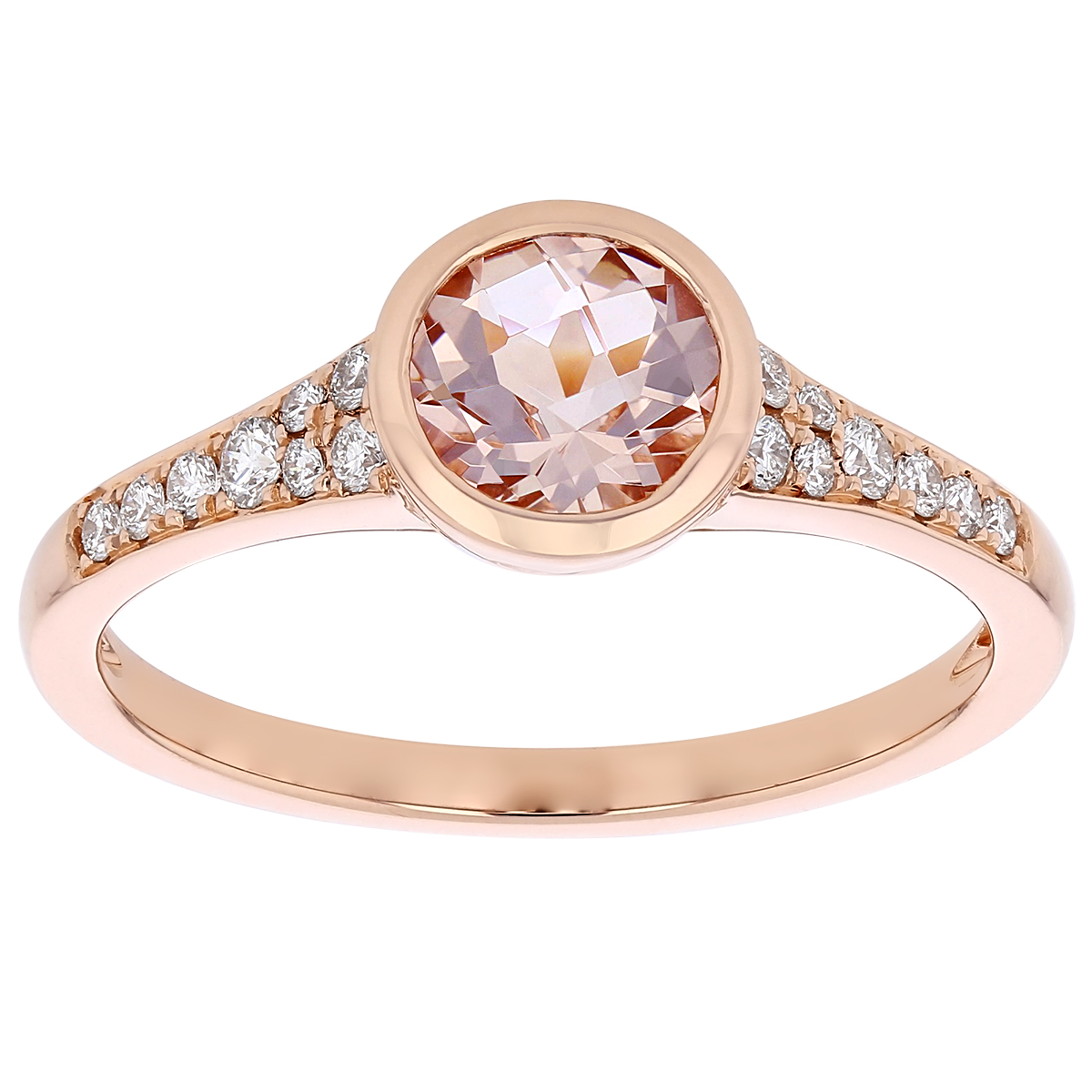 Round Checkerboard Morganite Bezel Set Ring with Diamond Pave Tapered ...