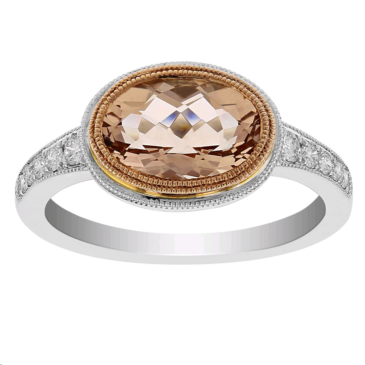 Oval Morganite Milgrain East West Ring with Diamond Shank in Rose & White Gold