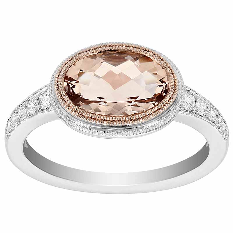 Oval Morganite Milgrain East West Ring with Diamond Shank in Rose & White Gold