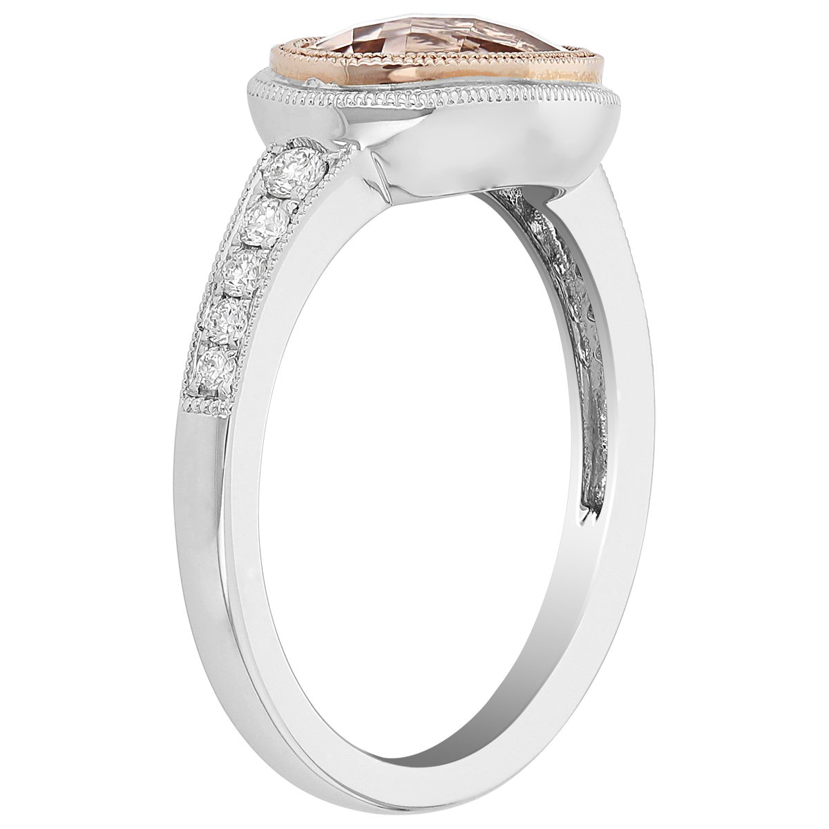 Oval Morganite Milgrain East West Ring with Diamond Shank in Rose & White Gold