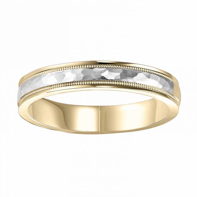 White Gold Hammered Center 6 mm Wedding Band with Yellow Gold Coin Edge, Size 12.75