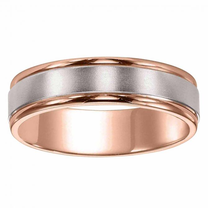 White & Rose Gold Satin Center Comfort Fit 6 mm Wedding Band, Size 10