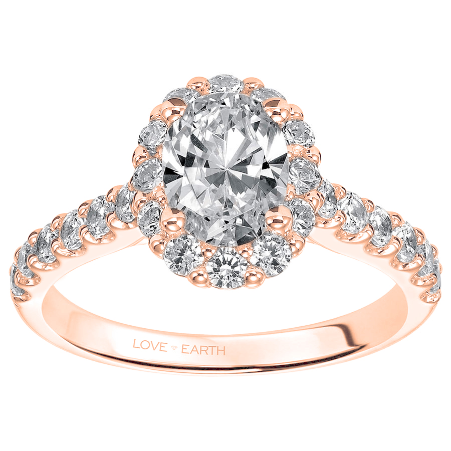 Love Earth Engagement Ring Setting with Lab Grown Diamond Oval Halo & Shank in Rose Gold, .90 cttw