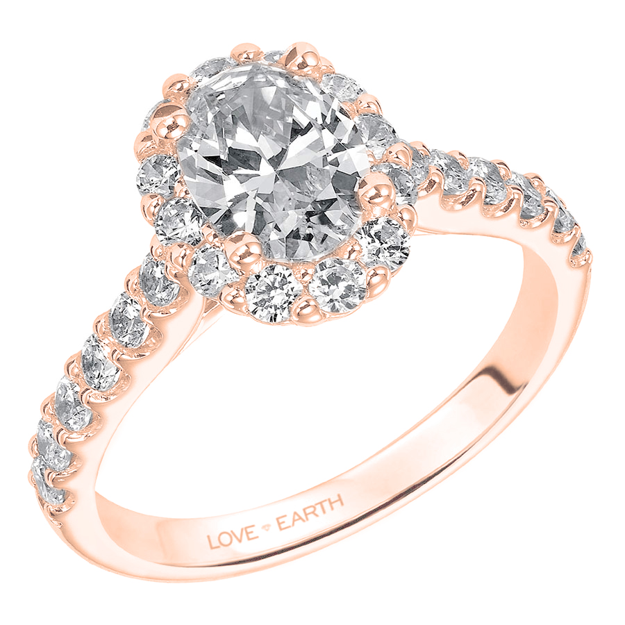 Love Earth Engagement Ring Setting with Lab Grown Diamond Oval Halo & Shank in Rose Gold, .90 cttw