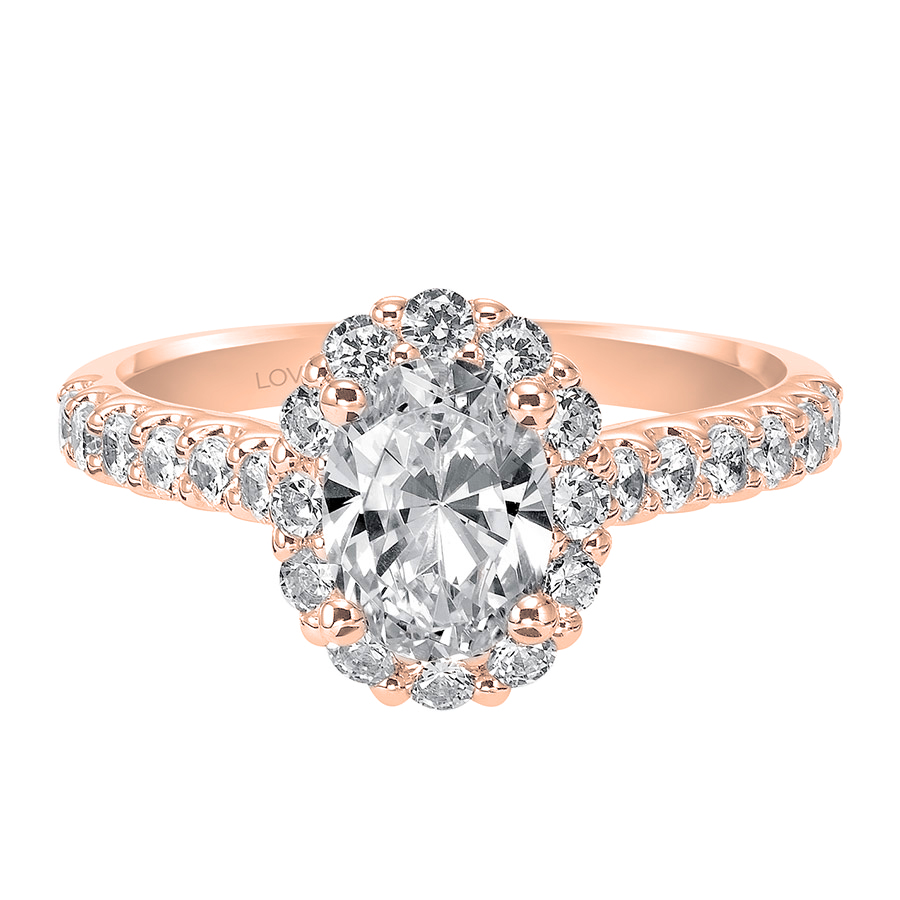 Love Earth Engagement Ring Setting with Lab Grown Diamond Oval Halo & Shank in Rose Gold, .90 cttw