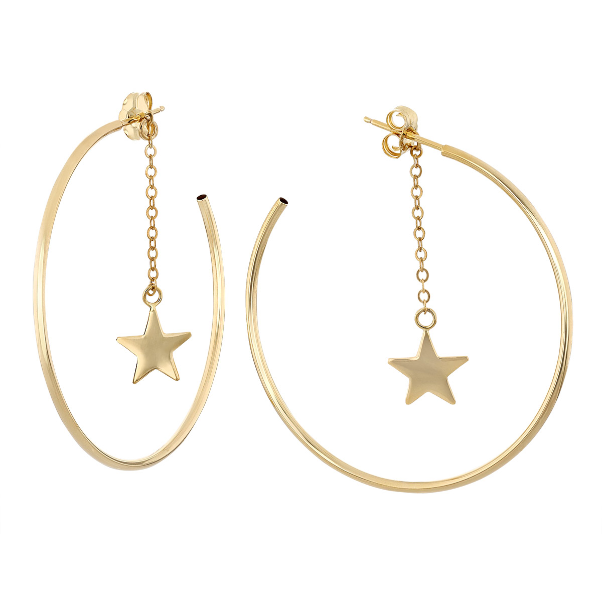Yellow Gold Thin Hoop Earrings with Star Charm Dangles