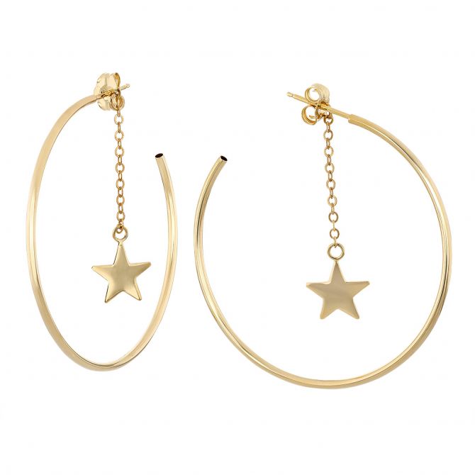 Yellow Gold Thin Hoop Earrings with Star Charm Dangles