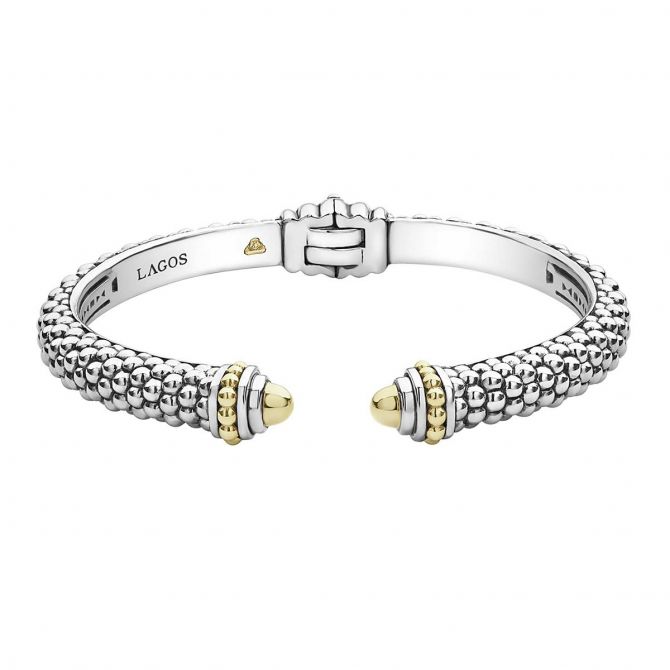 LAGOS Sterling Silver 18K Yellow Gold Caviar Hinge Cuff Bracelet