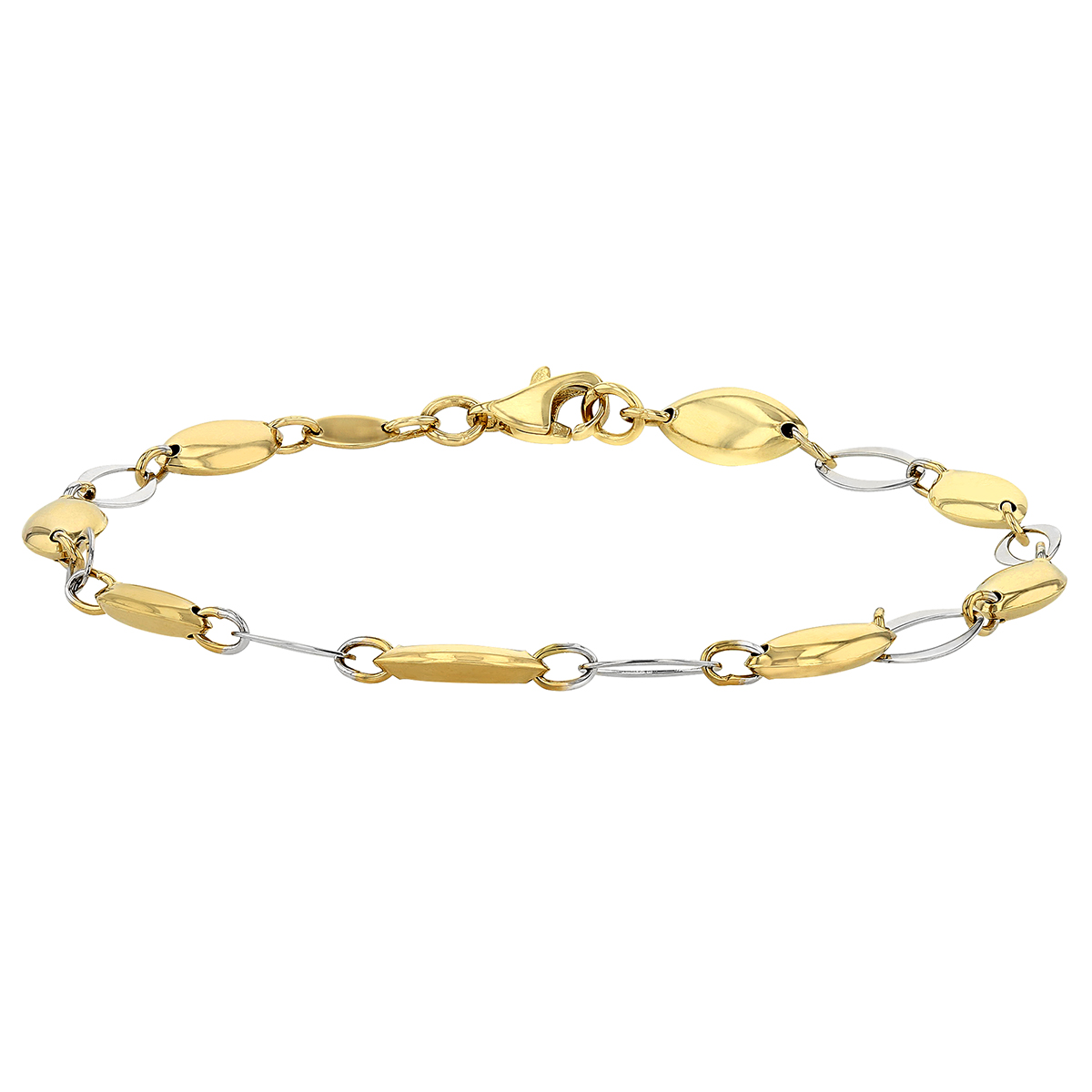 Two Tone Gold Bean & Open Oval Link Bracelet, 7.25