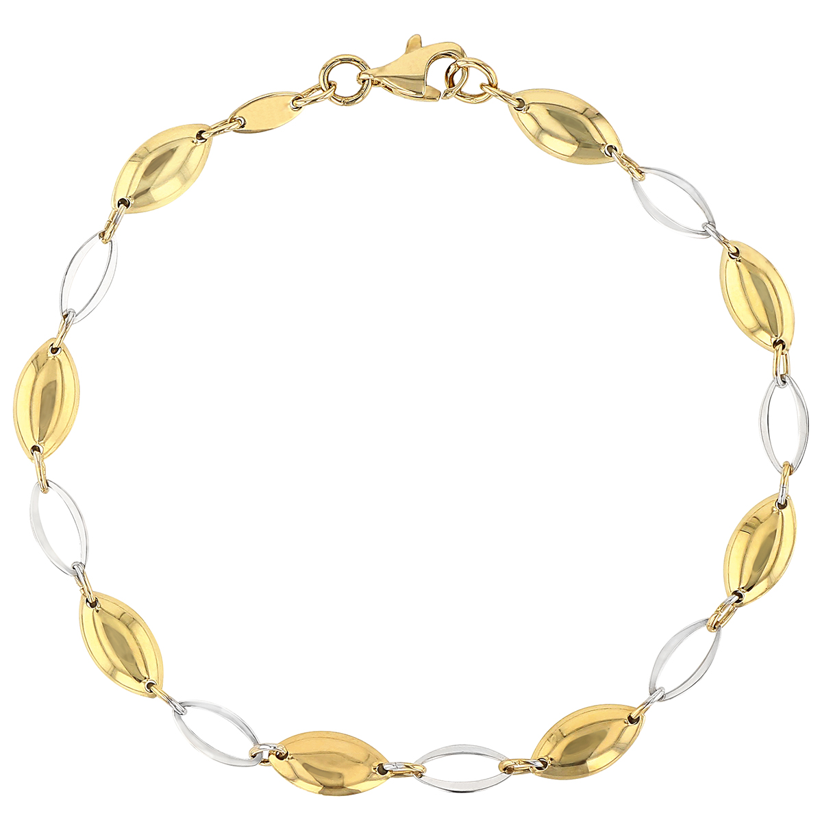 Two Tone Gold Bean & Open Oval Link Bracelet, 7.25