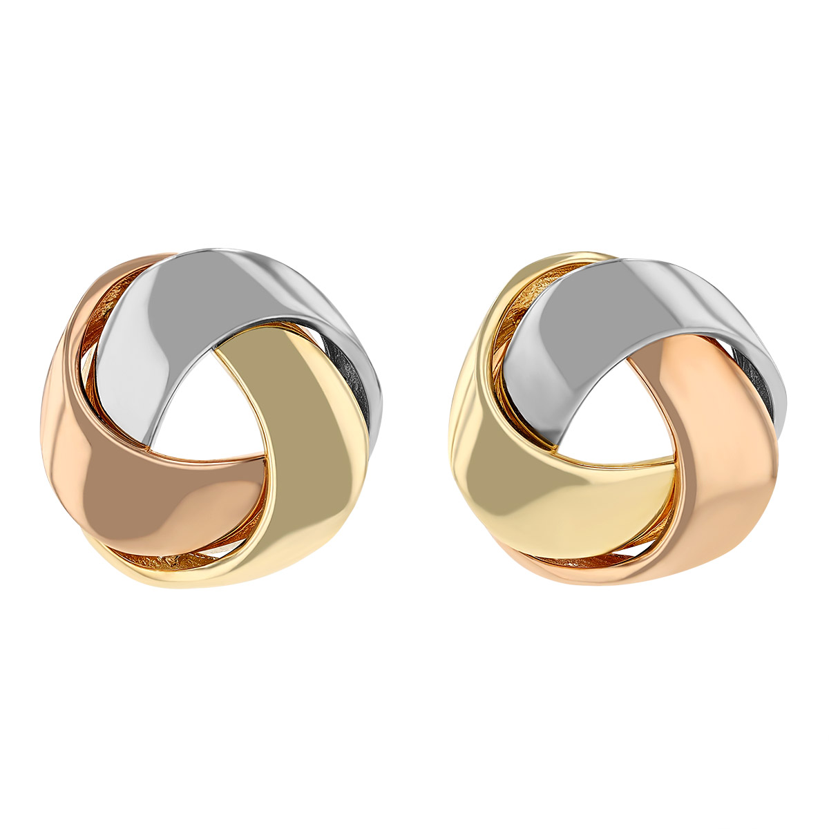 Tri Tone Love Knot Earrings in Yellow, White, & Rose Gold