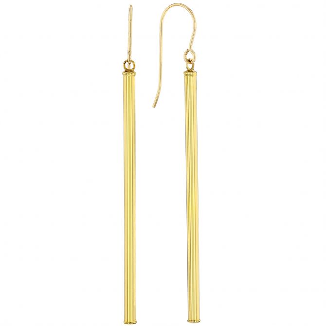 Yellow Gold Long Fluted Column Drop Earrings with Shepherd Hooks