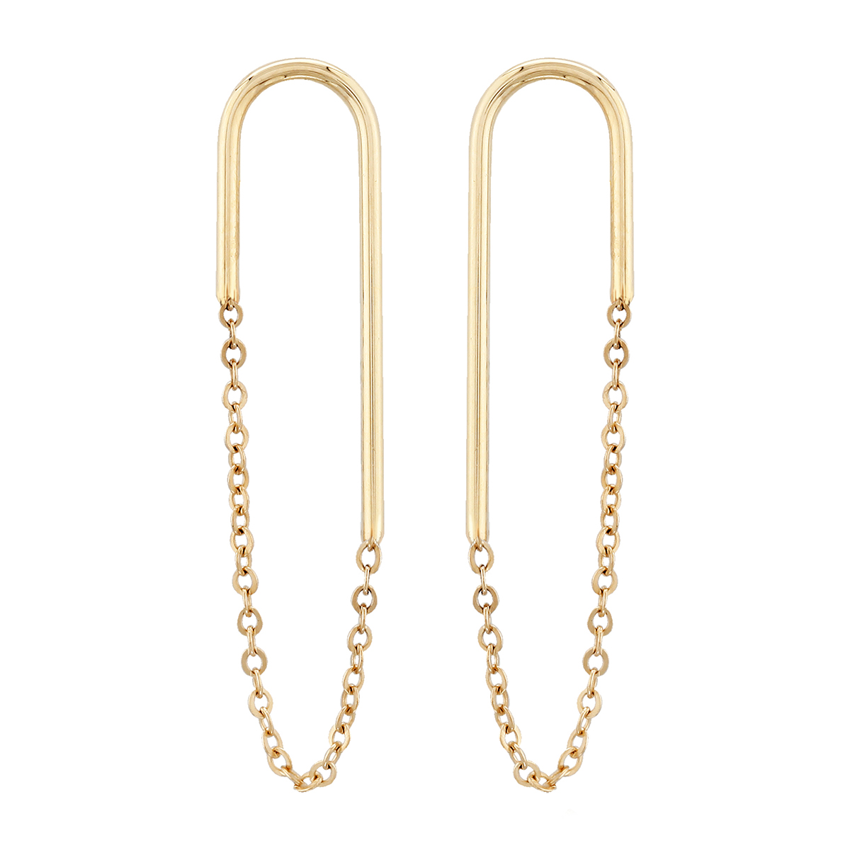 Yellow Gold Elongated Oval Wire & Chain Post Back Drop Earrings