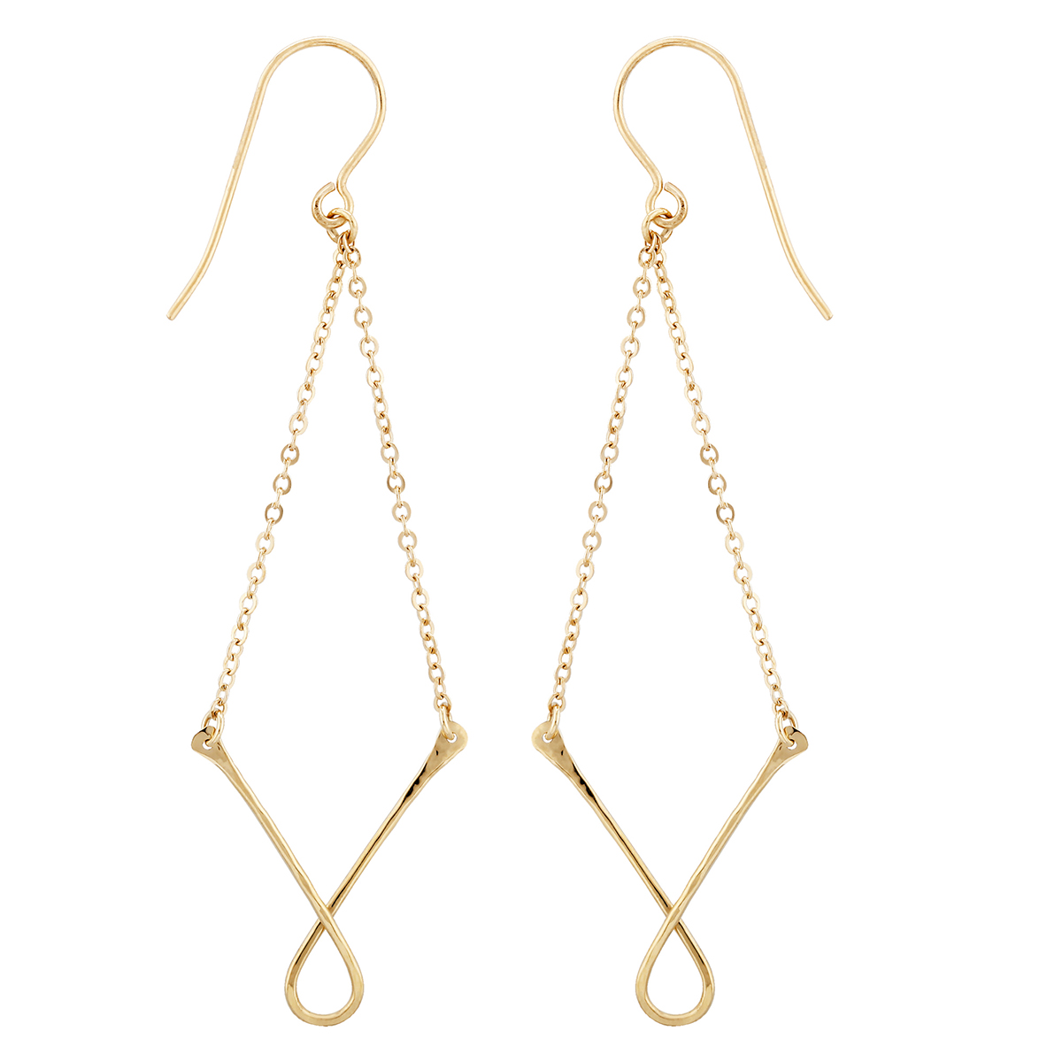 Yellow Gold Wire & Chain Twisted Chevron Dangle Earrings