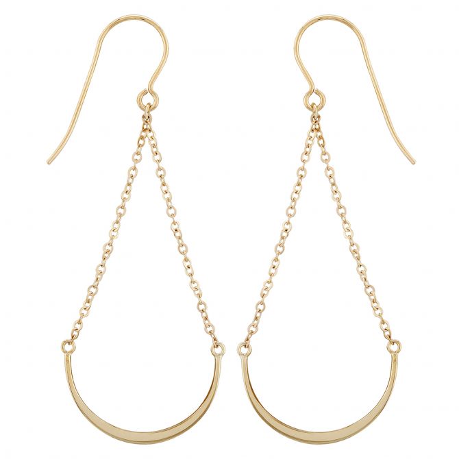 Yellow Gold Curved Half Circle Wire & Chain Dangle Earrings
