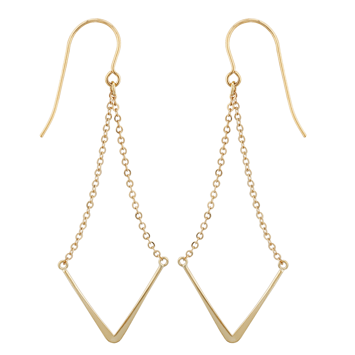 Yellow Gold V Shaped Wire & Chain Dangle Earrings