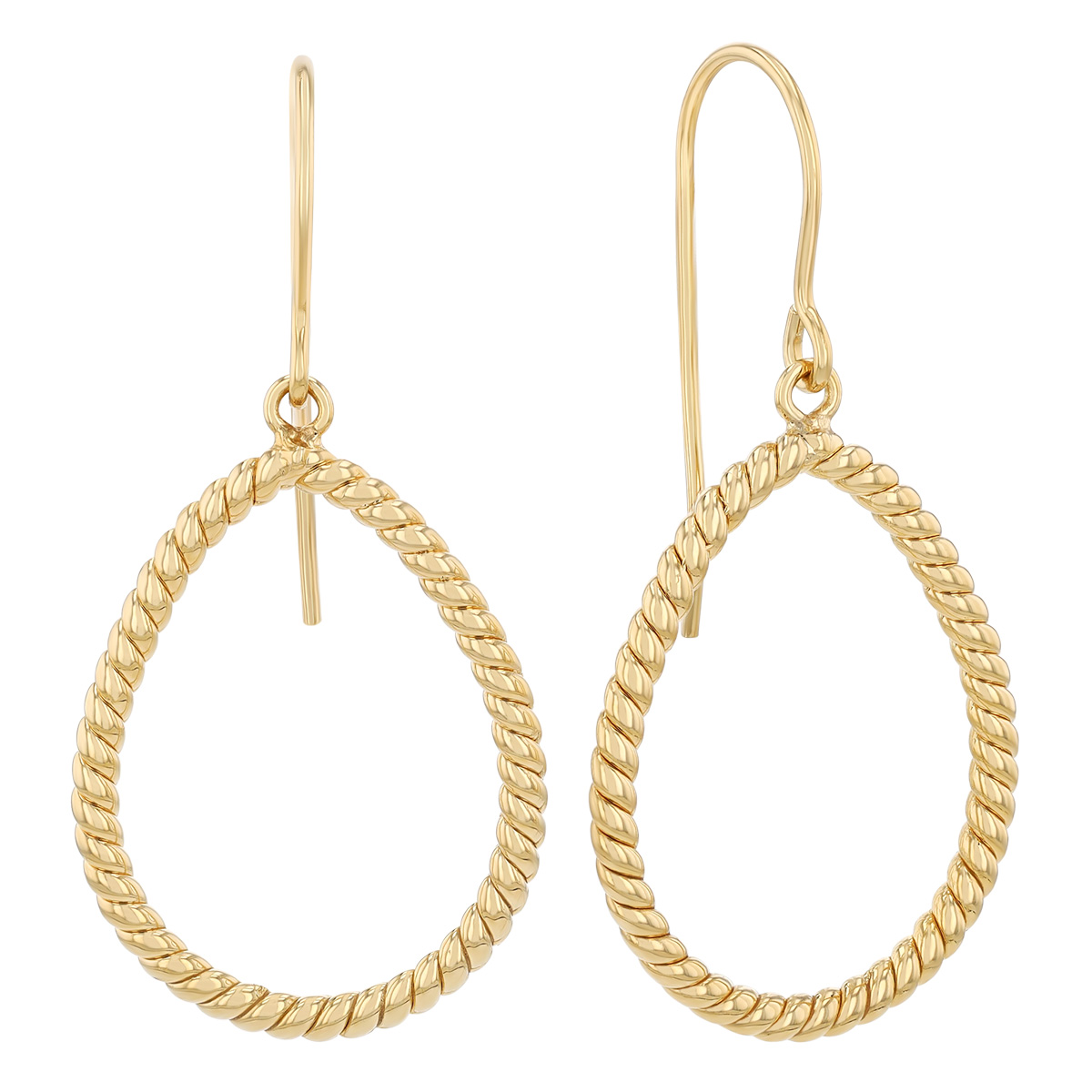 Yellow Gold Rope Textured Open Teardrop Dangle Earrings