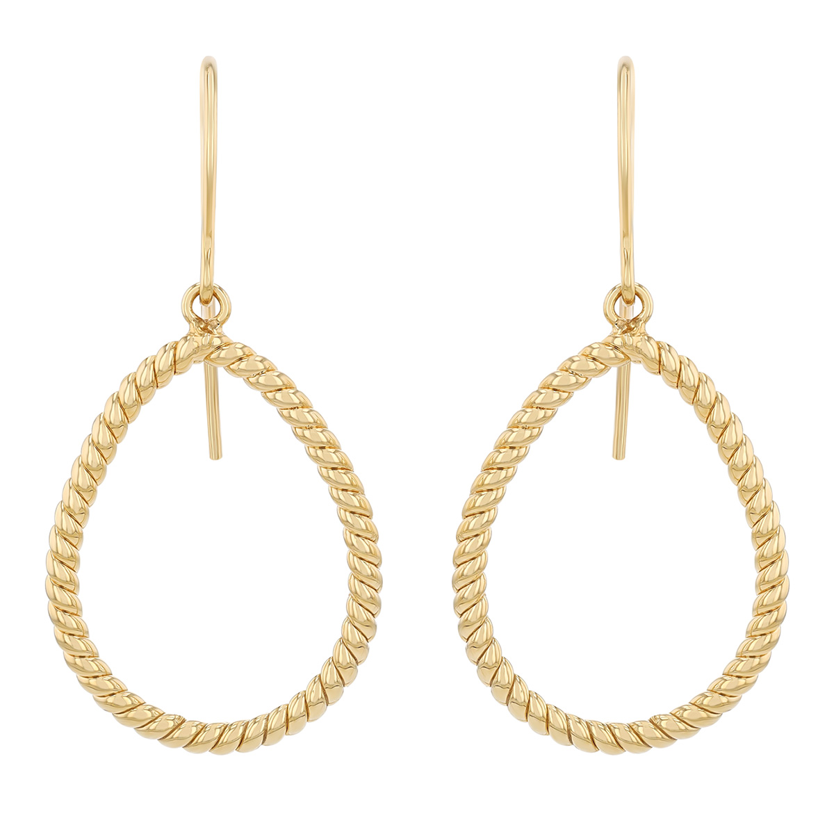 Yellow Gold Rope Textured Open Teardrop Dangle Earrings