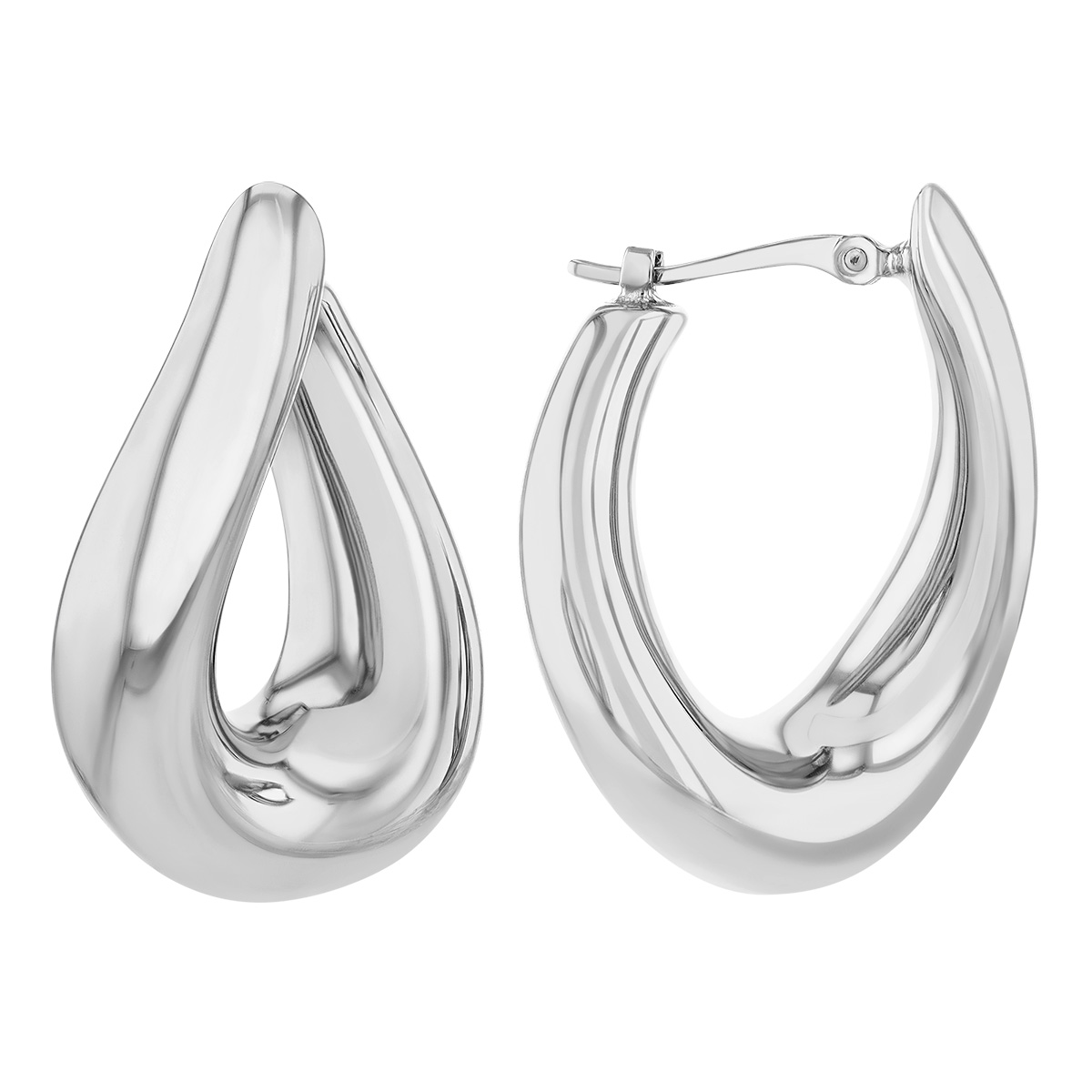 White Gold Oval Twist Puff Hoop Earrings