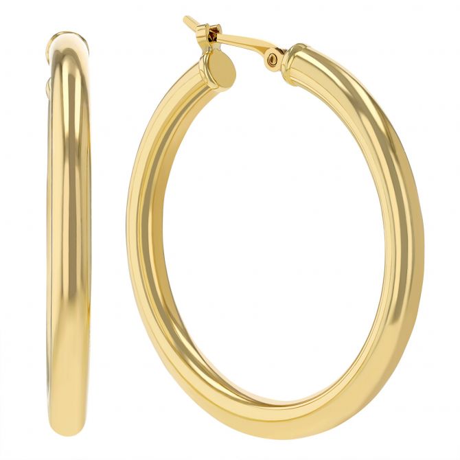 Yellow Gold Tube Hoop Earrings, 3 x 30 mm