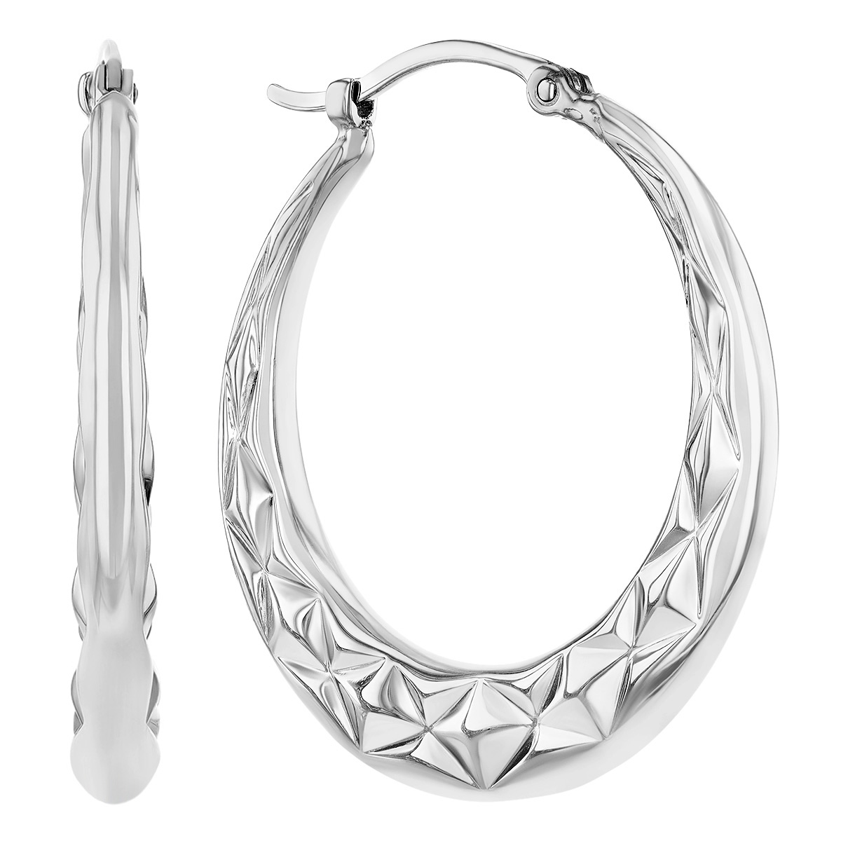 White Gold Large Diamond Cut Texture Hoop Earrings