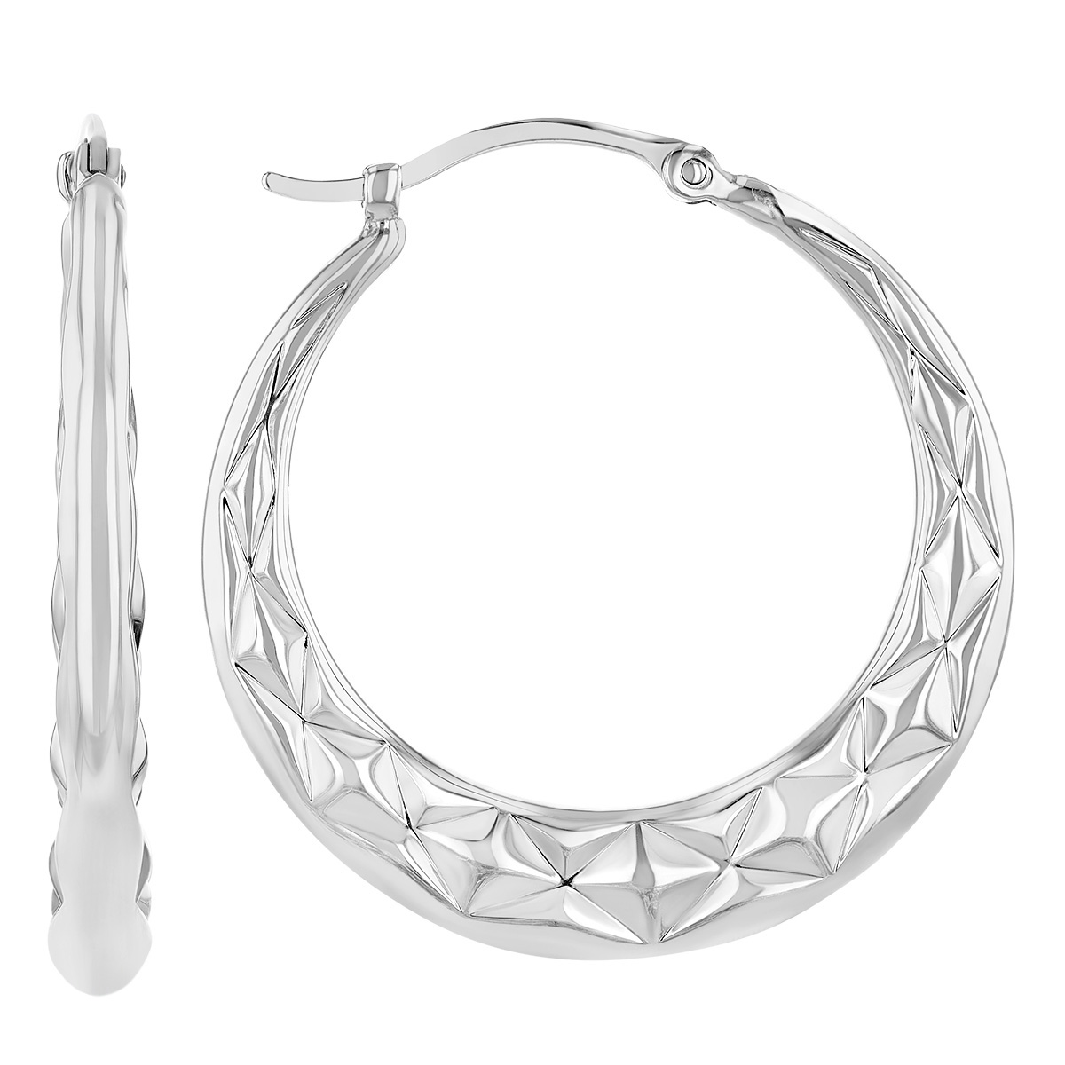 White Gold Large Diamond Cut Texture Hoop Earrings