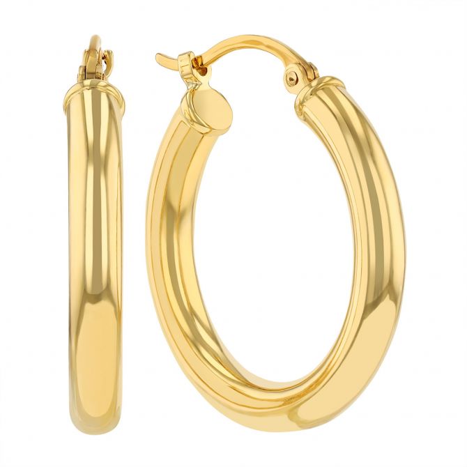 Yellow Gold Tube Hoop Earrings, 3 x 20 mm