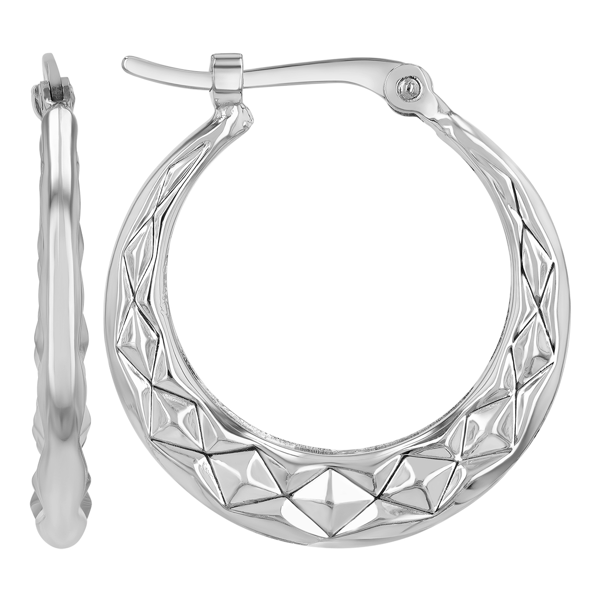White Gold Diamond-Cut Tapered Hoop Earrings