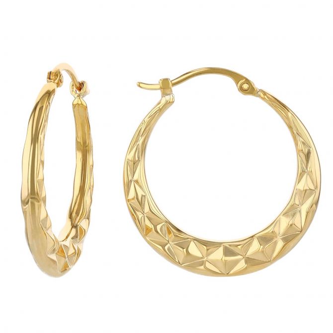 Yellow Gold Diamond-Cut Texture Tapered Hoop Earrings