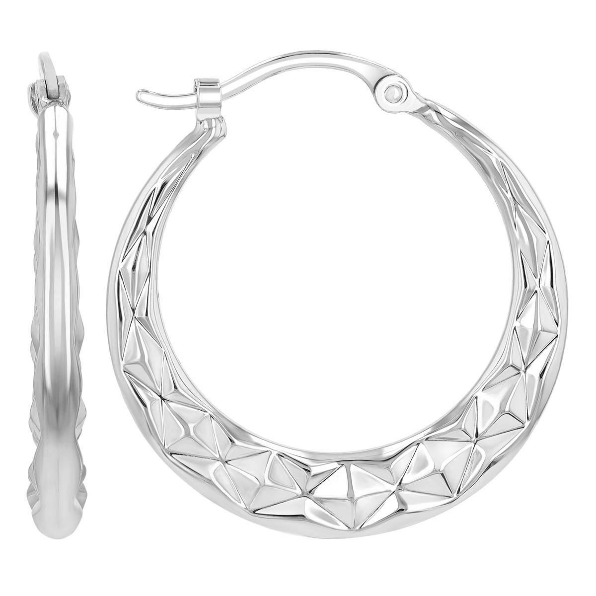 White Gold Diamond-Cut Texture Tapered Hoop Earrings
