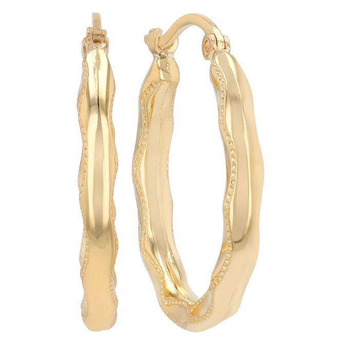 Yellow Gold Embossed Wave Pattern Hoop Earrings, Medium