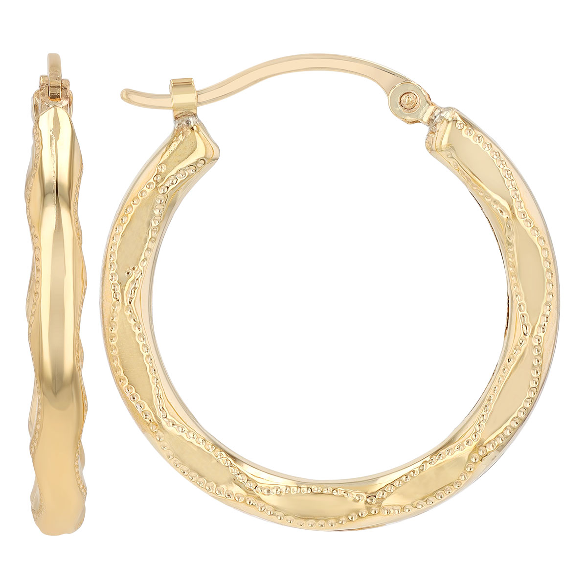 Yellow Gold Embossed Wave Pattern Hoop Earrings, Medium