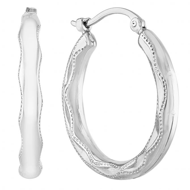 White Gold Embossed Wave Pattern Hoop Earrings, Medium