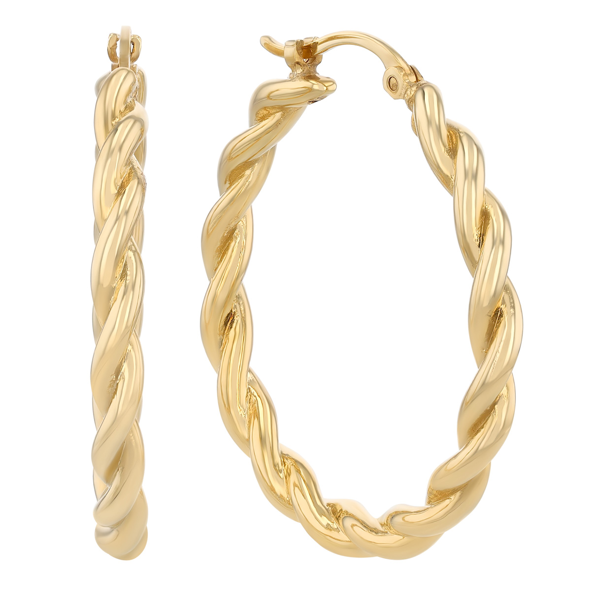 Yellow Gold Twisted Round Hoop Earrings, 30 mm