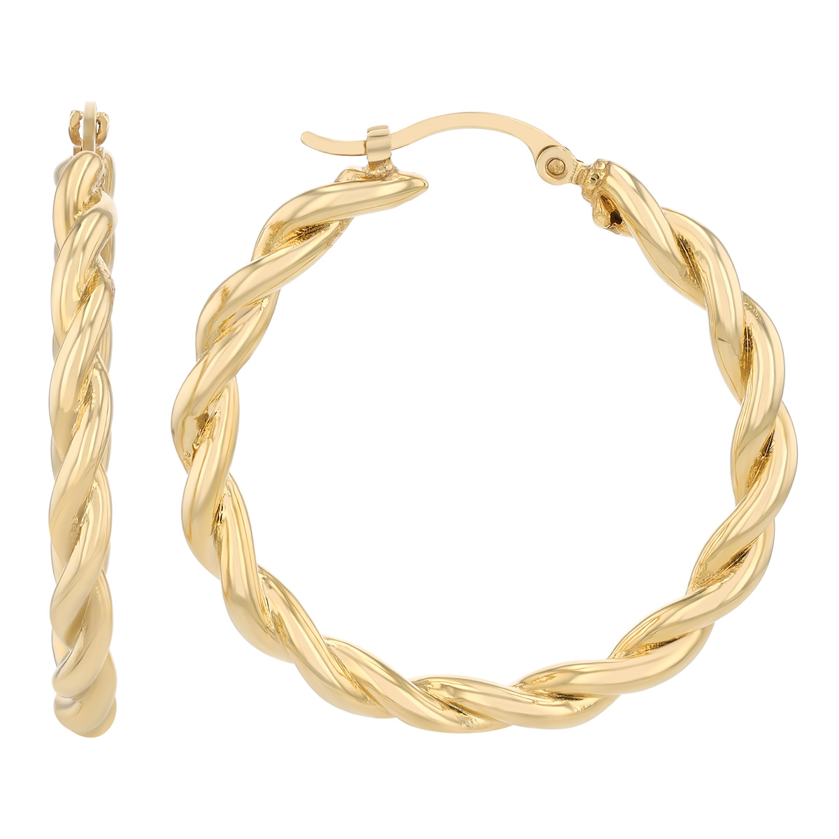 Yellow Gold Twisted Round Hoop Earrings, 30 mm