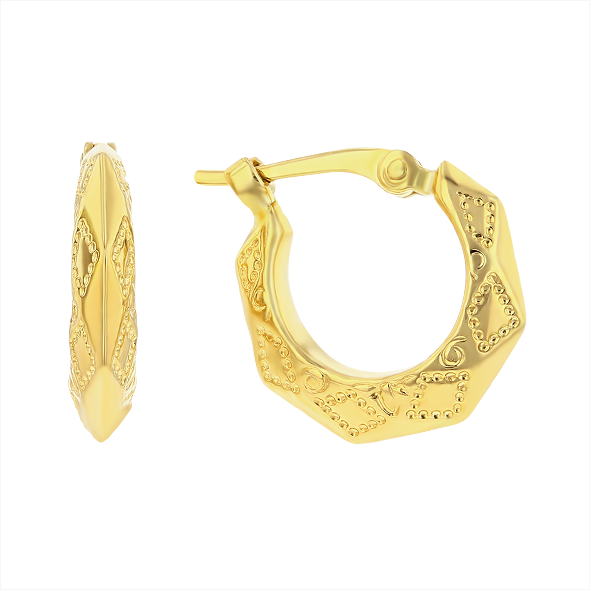 Yellow Gold Embossed Diamond Cut Hoop Earrings, Small