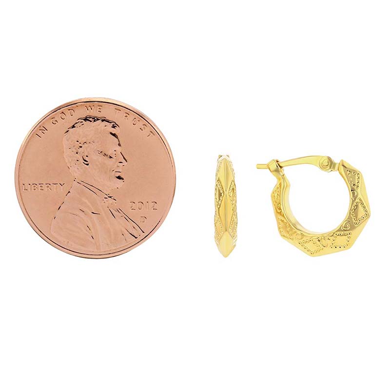Yellow Gold Embossed Diamond Cut Hoop Earrings, Small