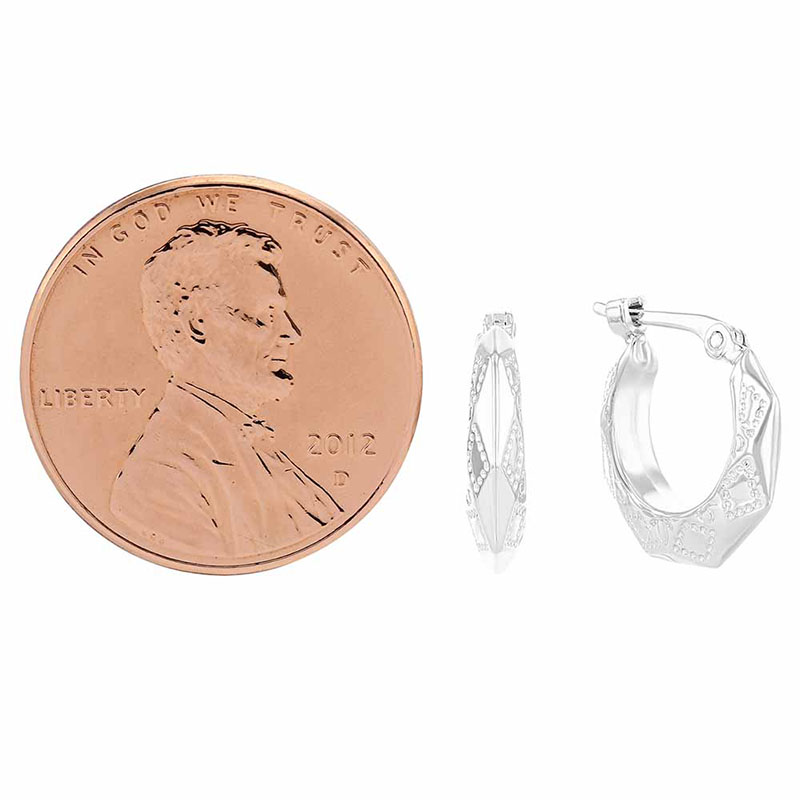 White Gold Embossed Diamond Cut Hoop Earrings, Small