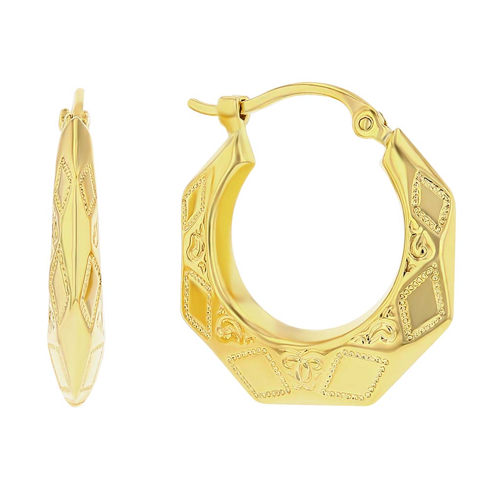 Yellow Gold Embossed Diamond-Cut Hoop Earrings, Medium
