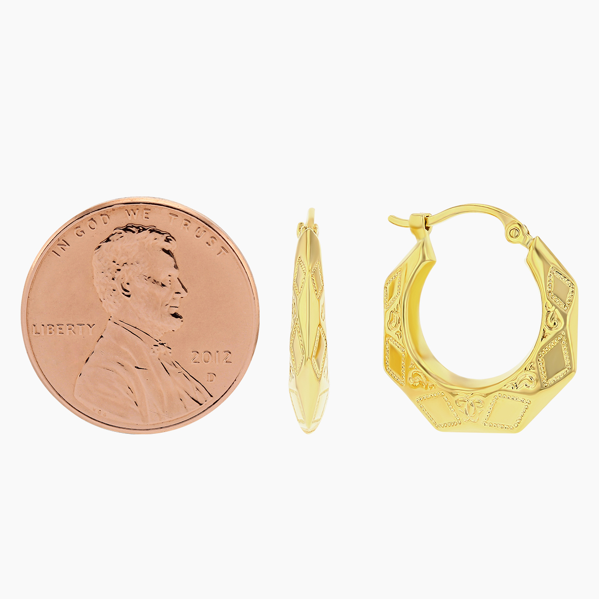 Yellow Gold Embossed Diamond-Cut Hoop Earrings, Medium