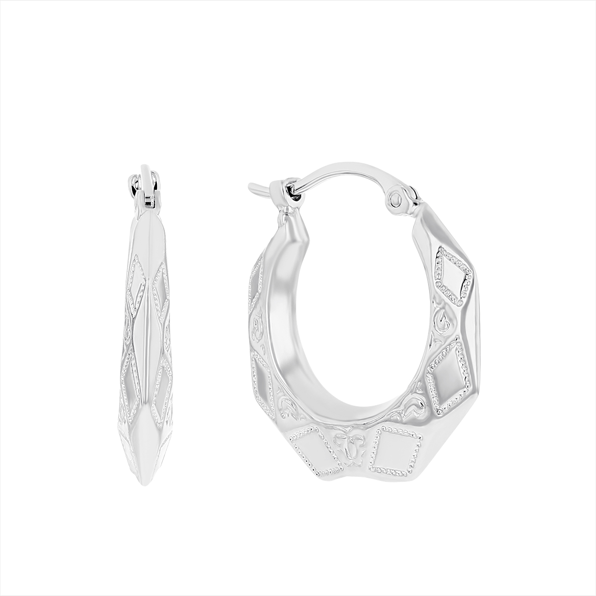 White Gold Embossed Diamond Cut Hoop Earrings, Medium