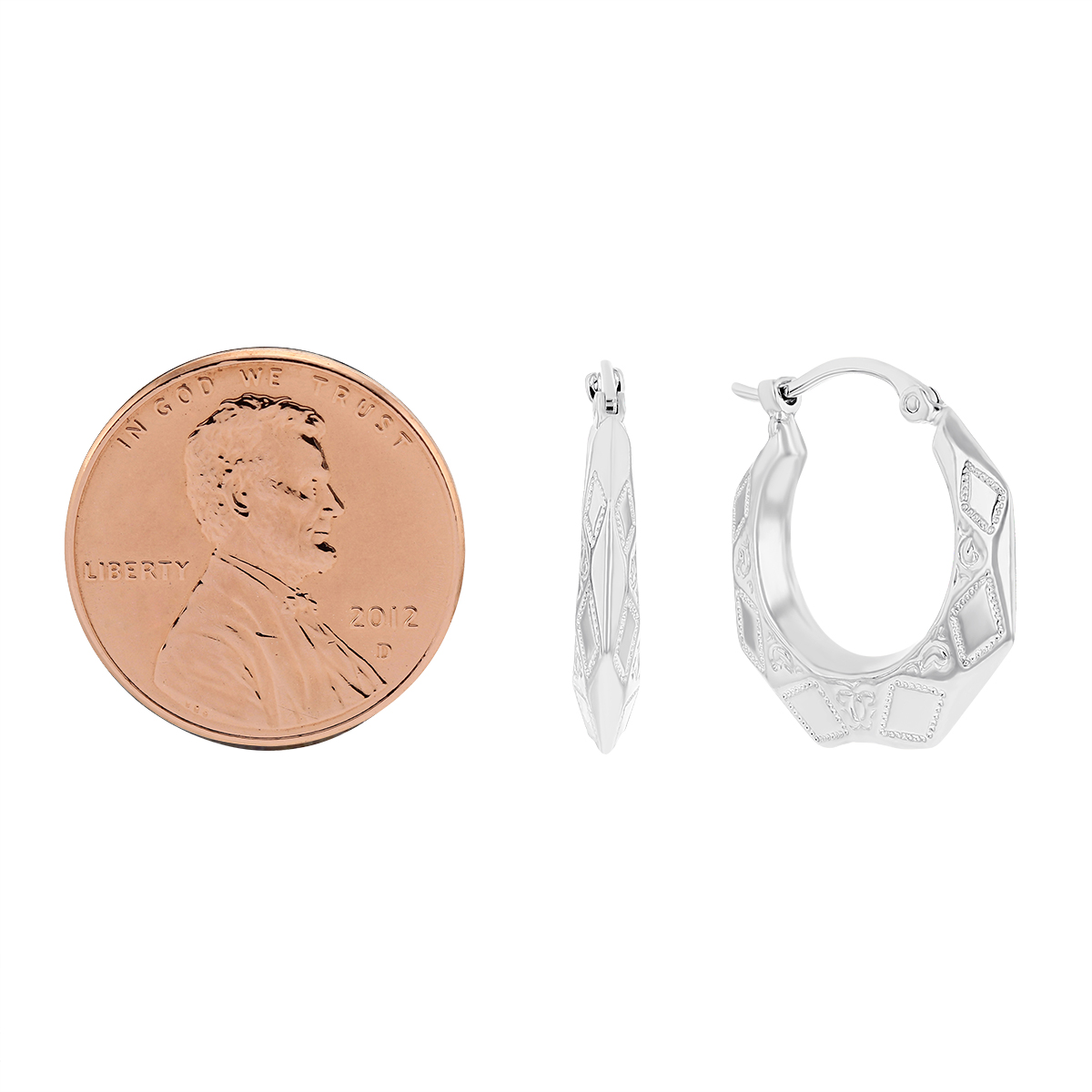 White Gold Embossed Diamond Cut Hoop Earrings, Medium