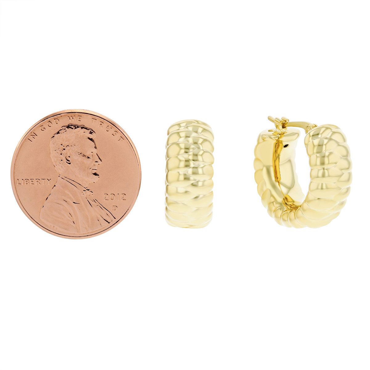 Yellow Gold Chubby Ridged Huggie Hoop Earrings
