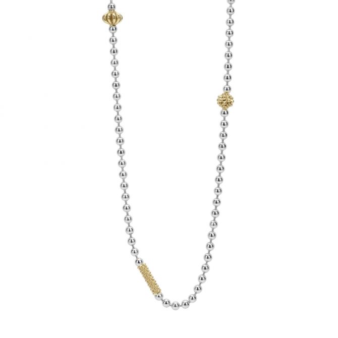 LAGOS Sterling Silver & 18K Yellow Gold Caviar Icon Station Beaded 2.5mm Chain Necklace, 16-18"