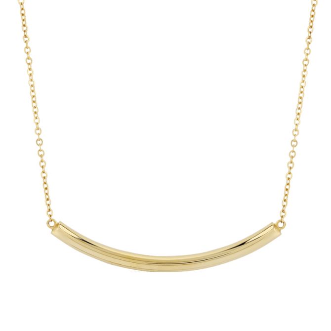Yellow Gold Curved Tube Bar Necklace, 19"