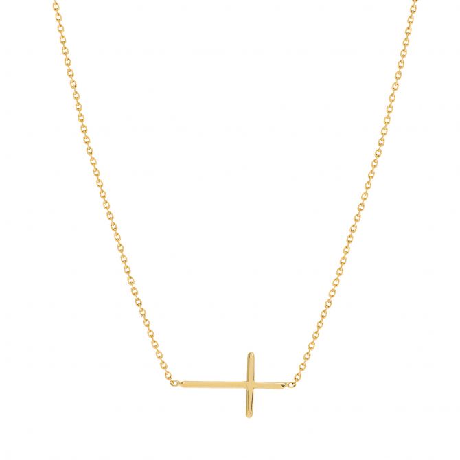 Mini Sideways Cross Necklace in Yellow Gold, 18"