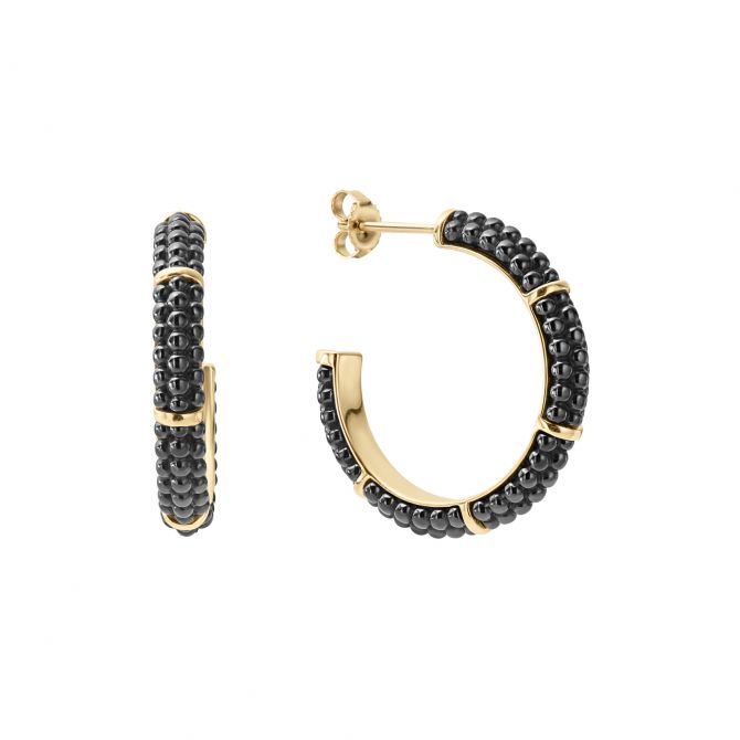 LAGOS 18K Yellow Gold and Black Caviar 21mm Hoop Earrings