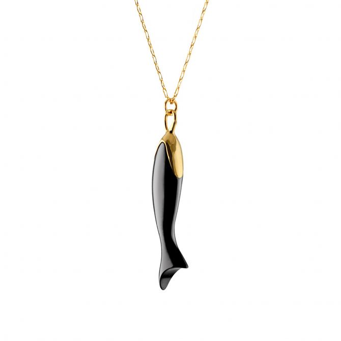 Monica Rich Kosann "Perseverance" Black Ceramic Fish Necklace in Yellow Gold, 30"