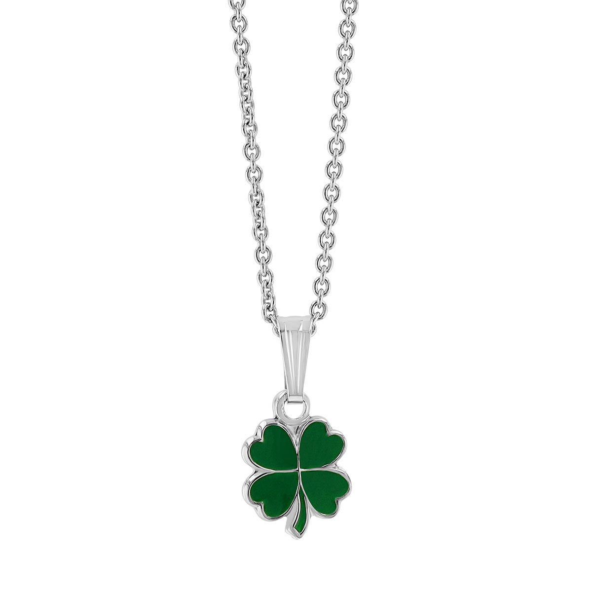 Green Resin 4-Leaf Clover Pendant in Sterling Silver, 15