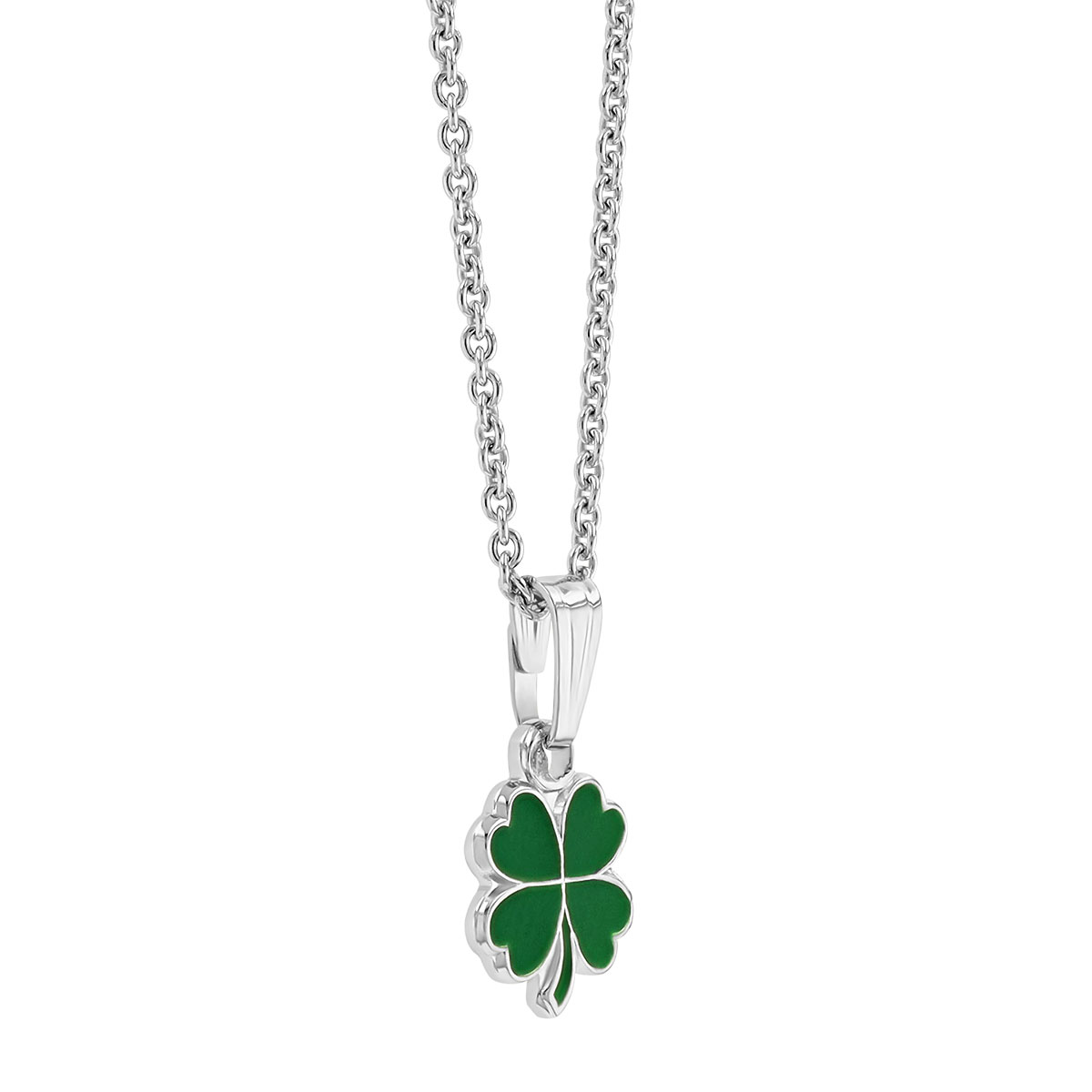 Green Resin 4-Leaf Clover Pendant in Sterling Silver, 15
